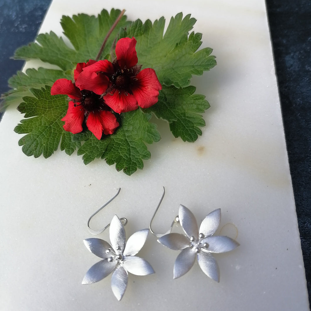 Brushed Sterling Silver Flower Drop Earrings